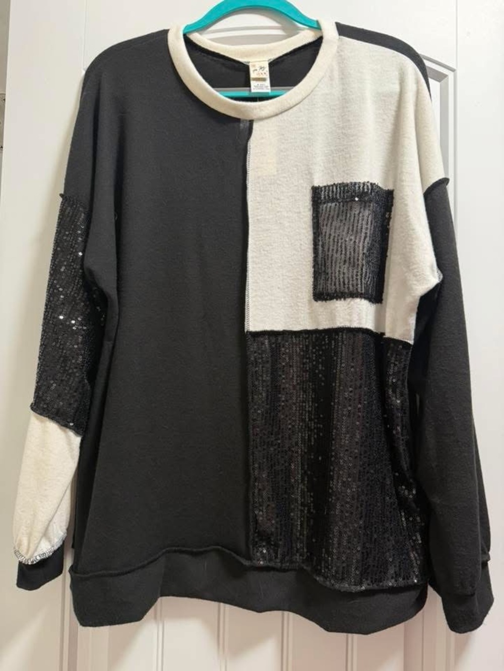 7th Ray Black and White Colorblock Sequin Sweatshirt